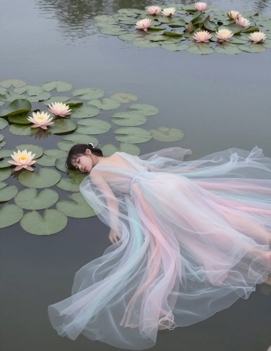 Dreamy Lake With Swirling Water Lilies In Soft Pastel Tones
