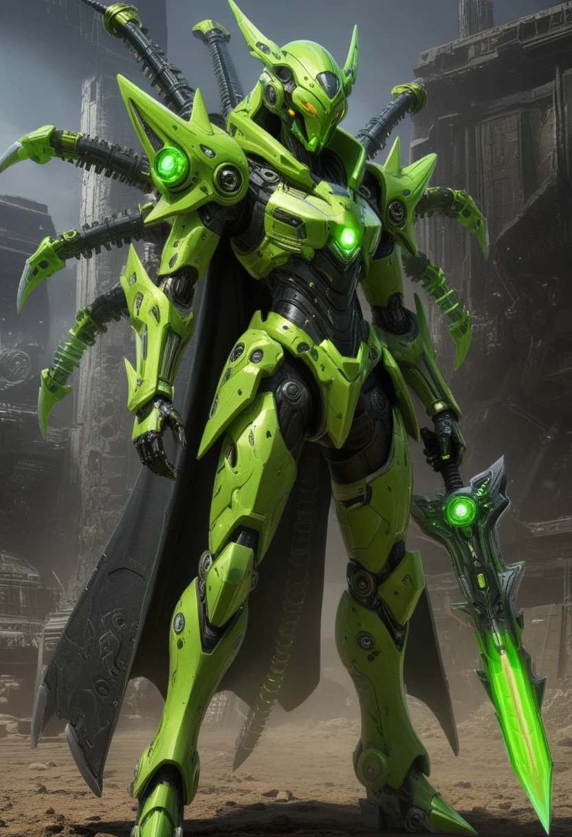 Alien insectoid combat mecha under swirling cosmic sky