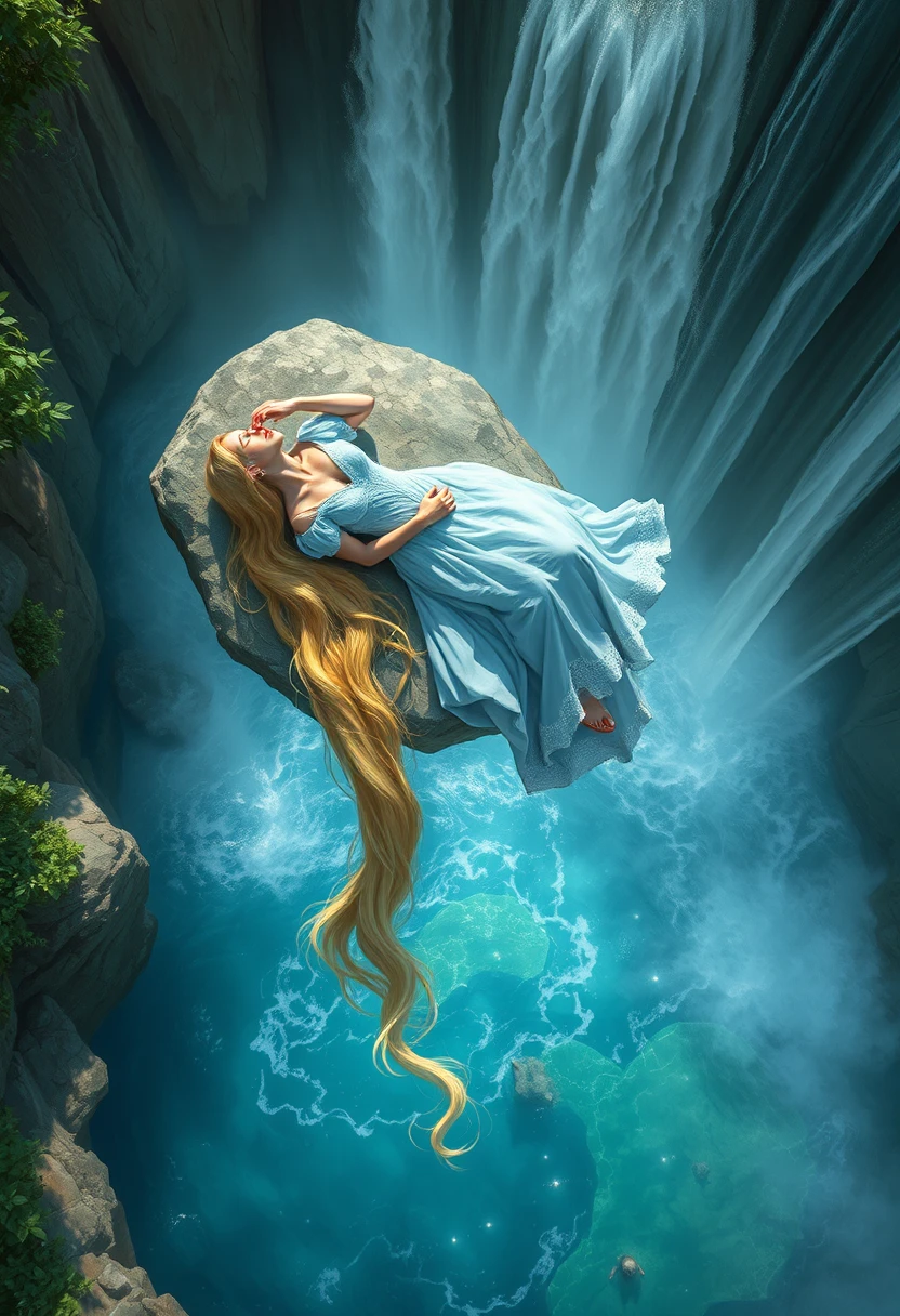 Woman on rock above waterfall with hair flowing into lagoon