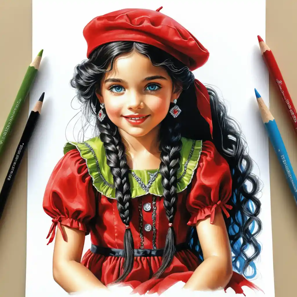 Smiling curly haired girl crouching in red summer dress