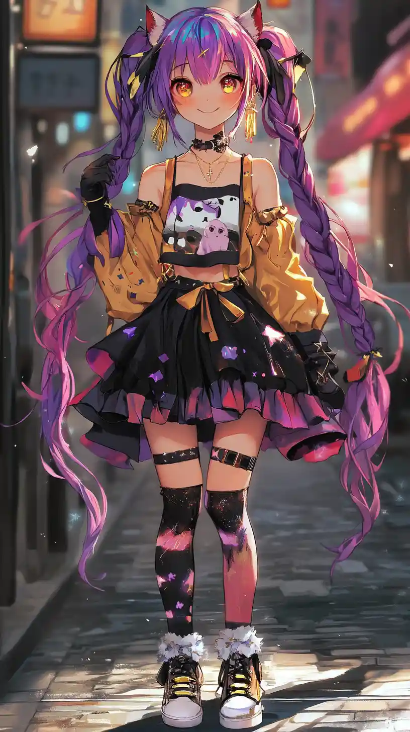 Anime girl with purple hair walking in city street