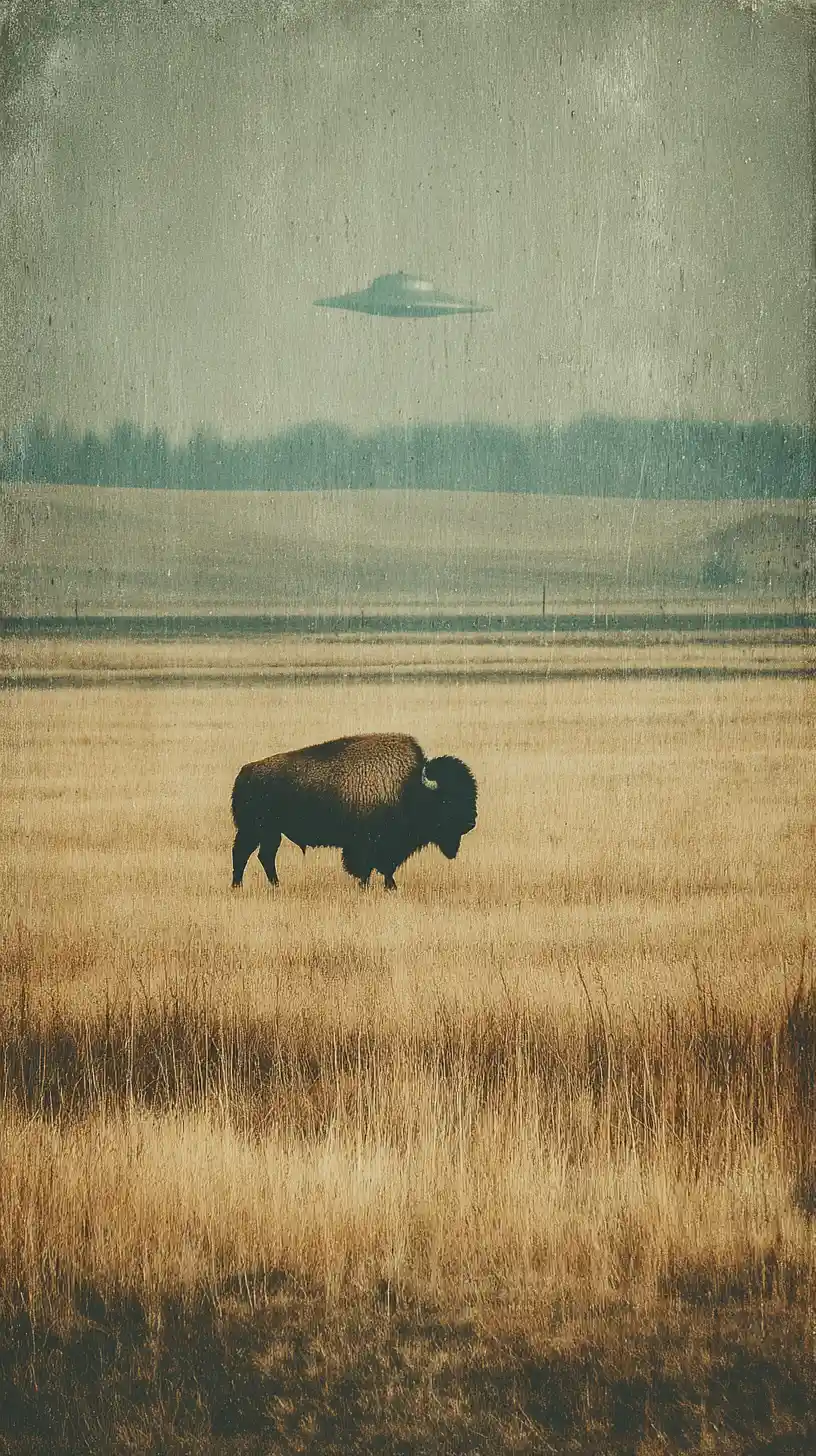 Vintage dusk countryside with UFO above a grazing cow
