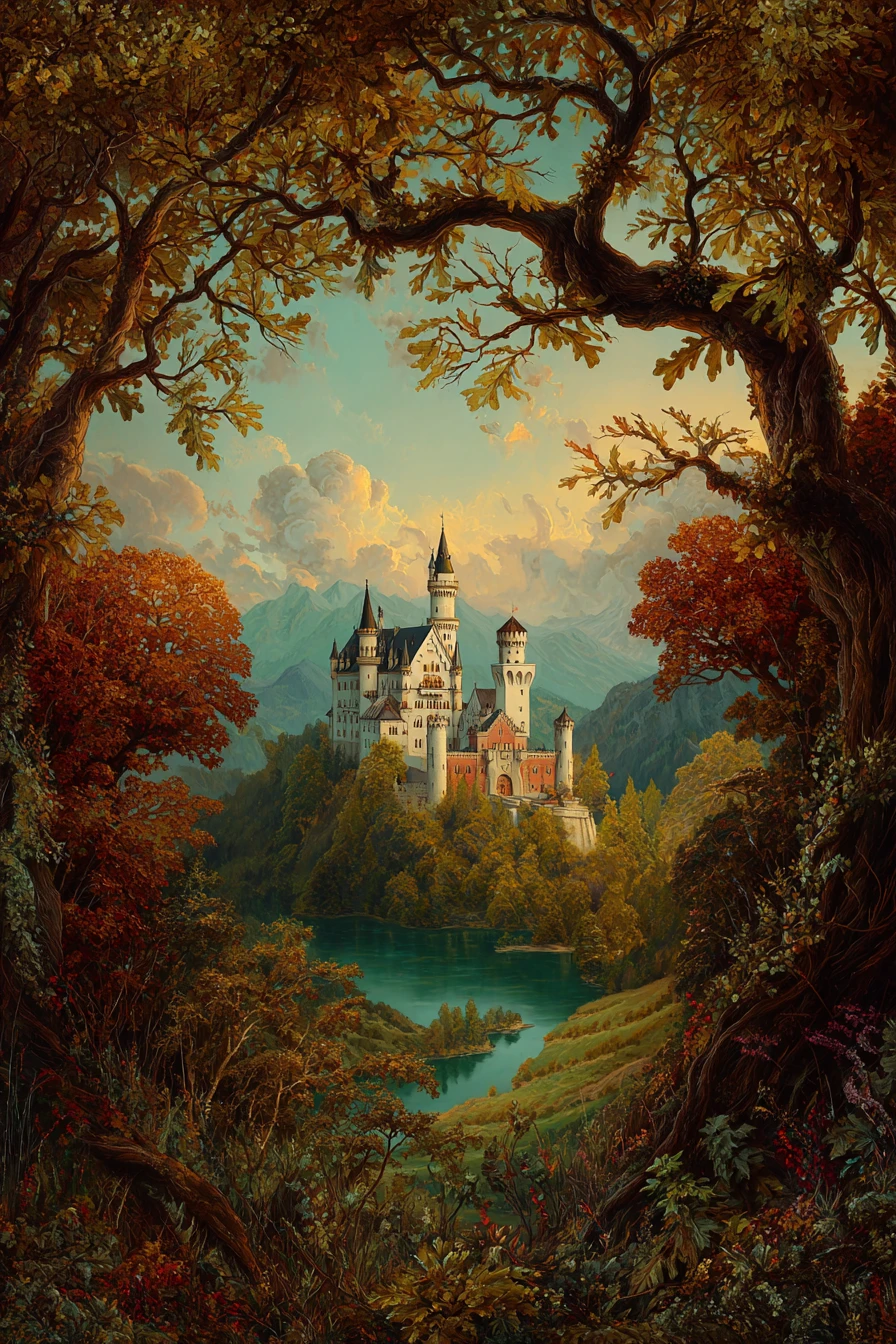 Castle in a distant valley framed by oak tree leaves