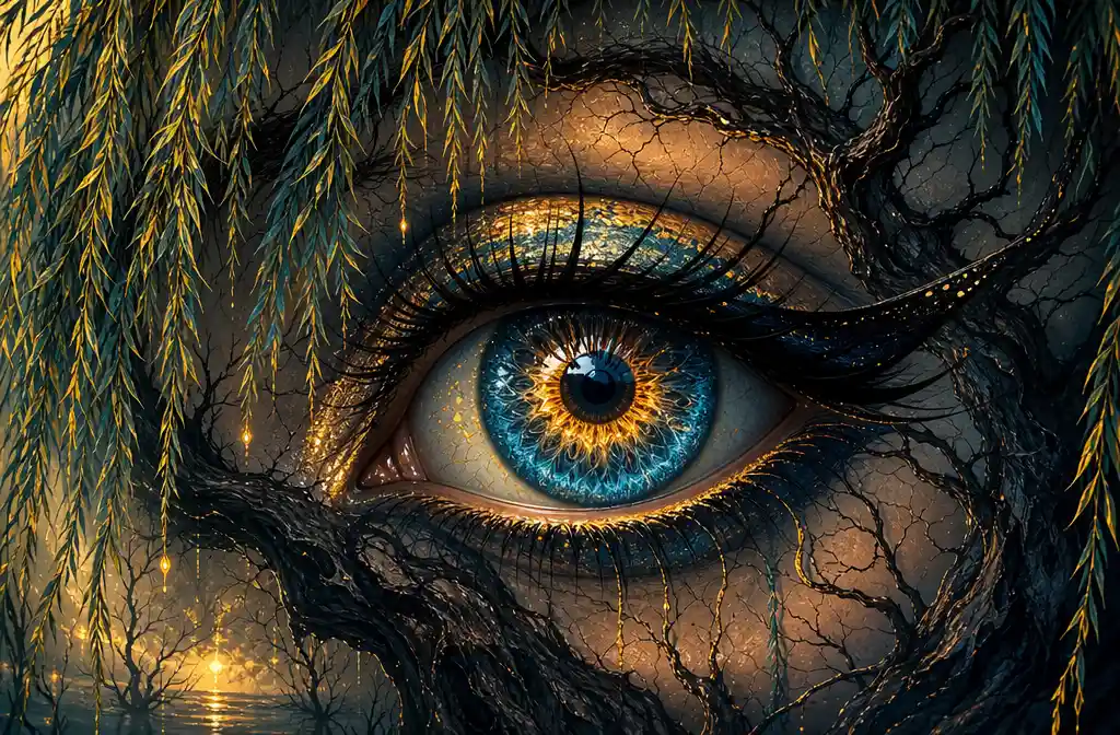 Surreal close up eye merged with weeping willow tree