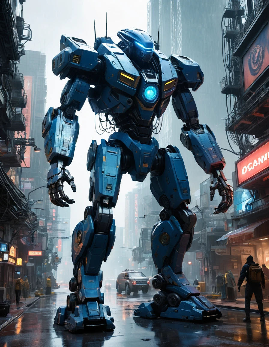 Giant war mecha towering above a neon futuristic city