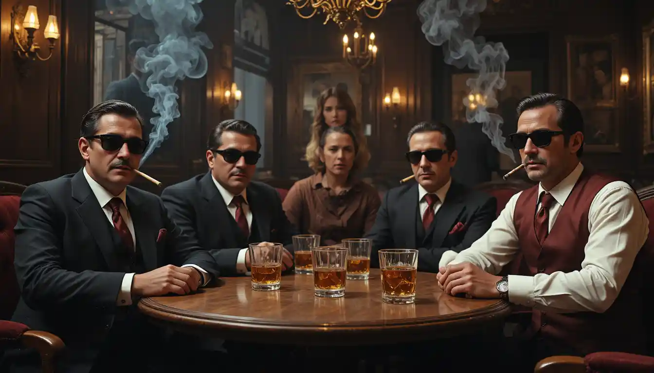 Mafia bosses in a dark luxury bar sharing whiskey and cigars