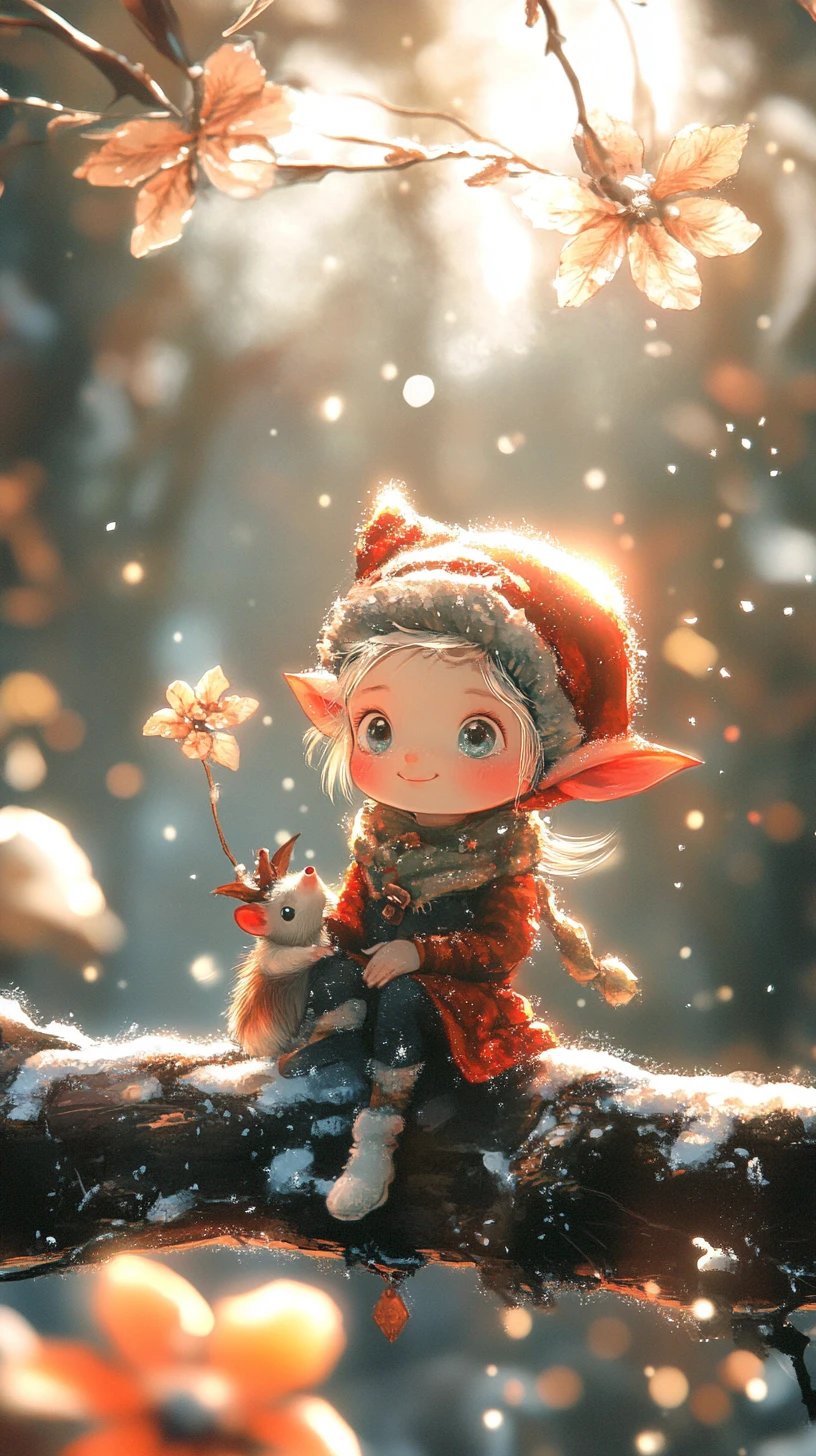 Cute winter flower chibi poster in soft sunlight