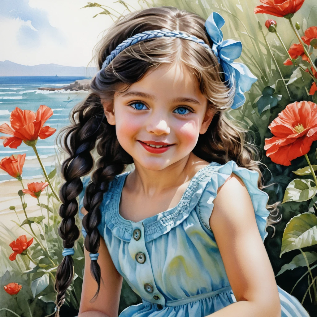 Smiling girl in red dress with lime green beret illustration
