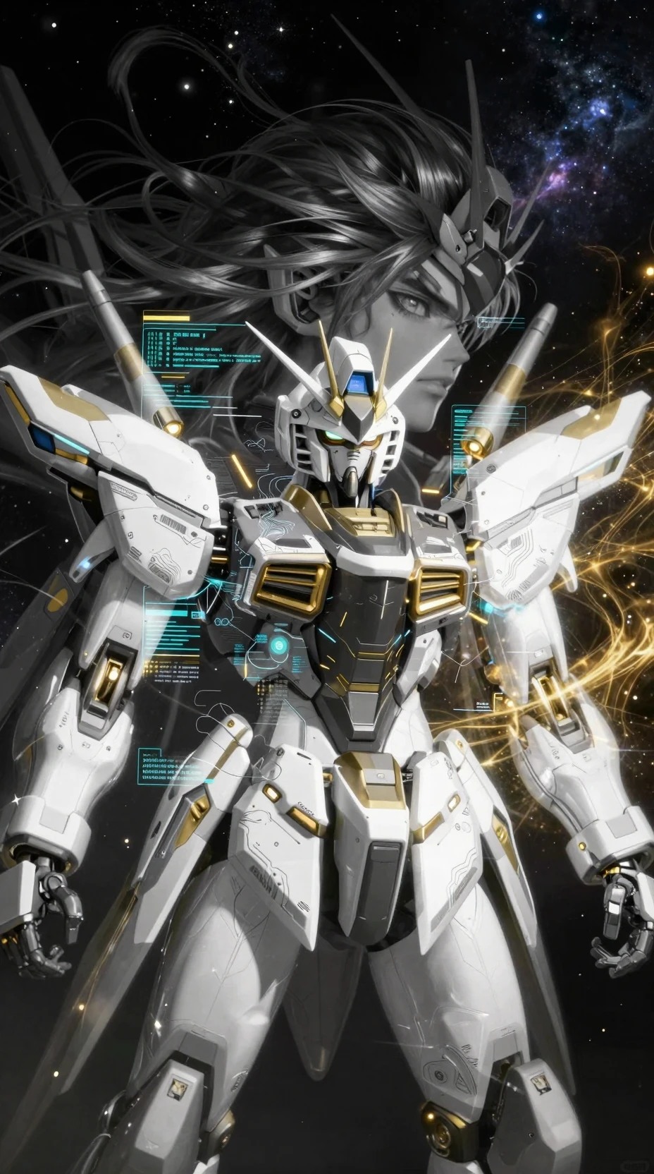 Anime-Mecha-Pilot in perfekter Synchronität mit kosmischer Maschine