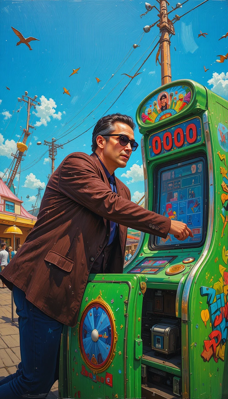 Man punching arcade game at sunny amusement park