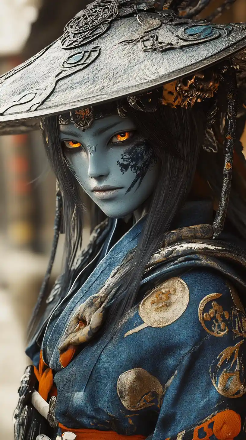 Mystical masked warrior in blue kimono with katana