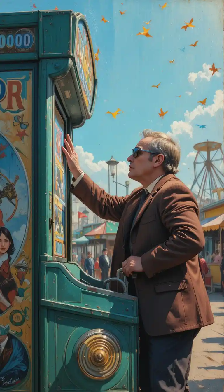 Man punching a green arcade machine at an outdoor fair