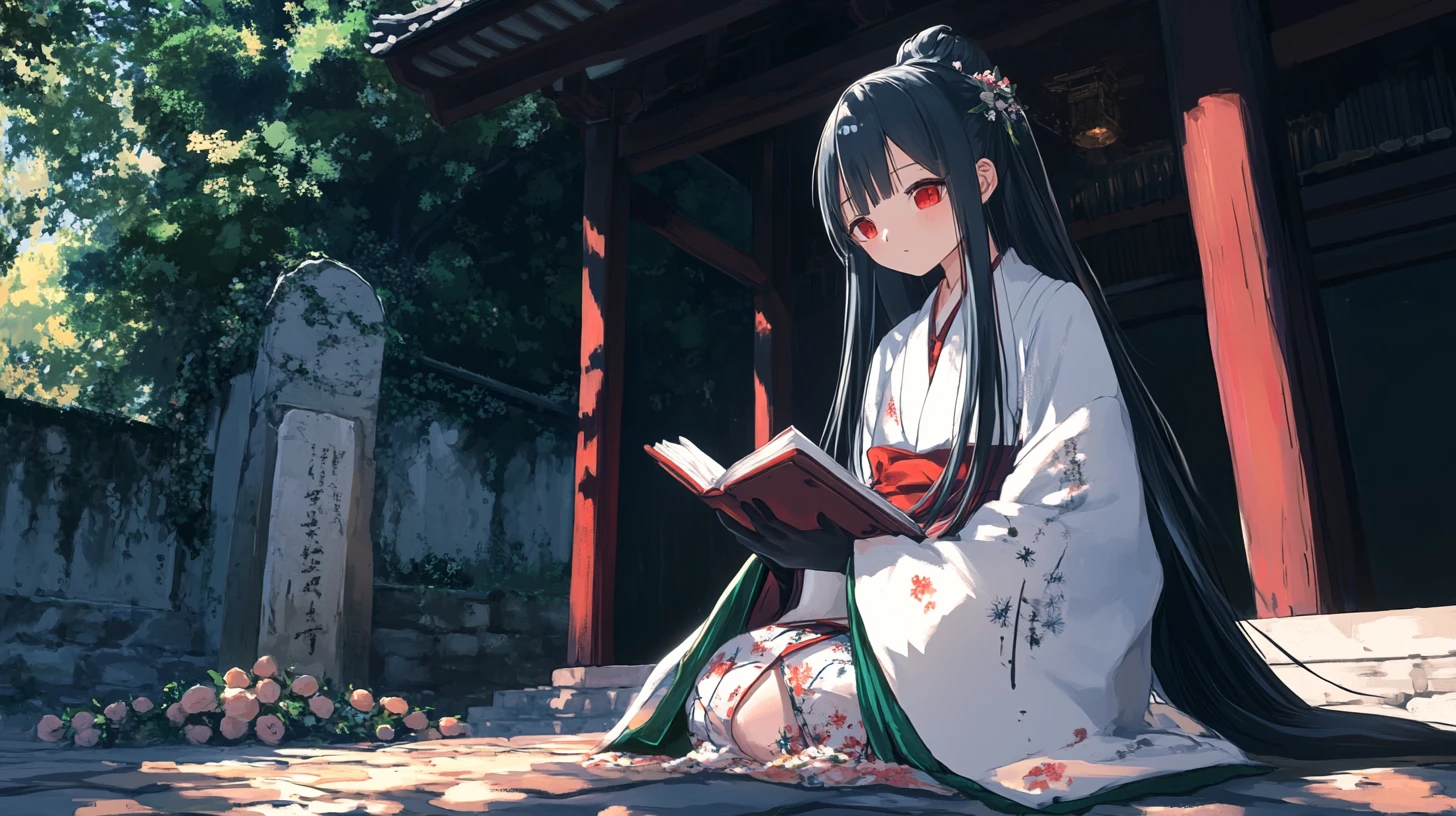 White haired anime girl in a cliffside temple courtyard