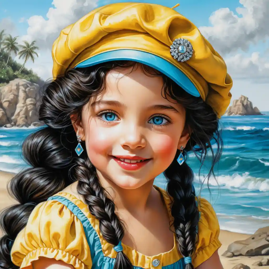 Crouching summer girl with blue eyes and yellow beret