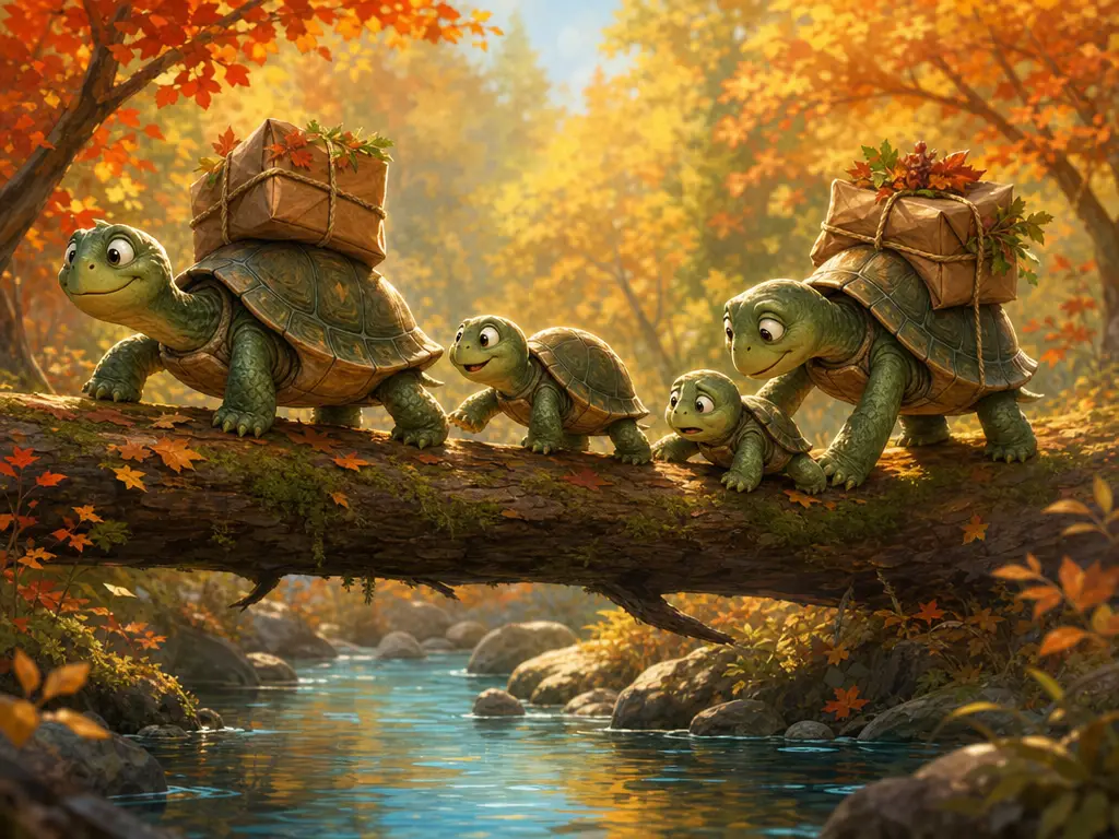 Whimsical turtle family crossing a mossy log over water