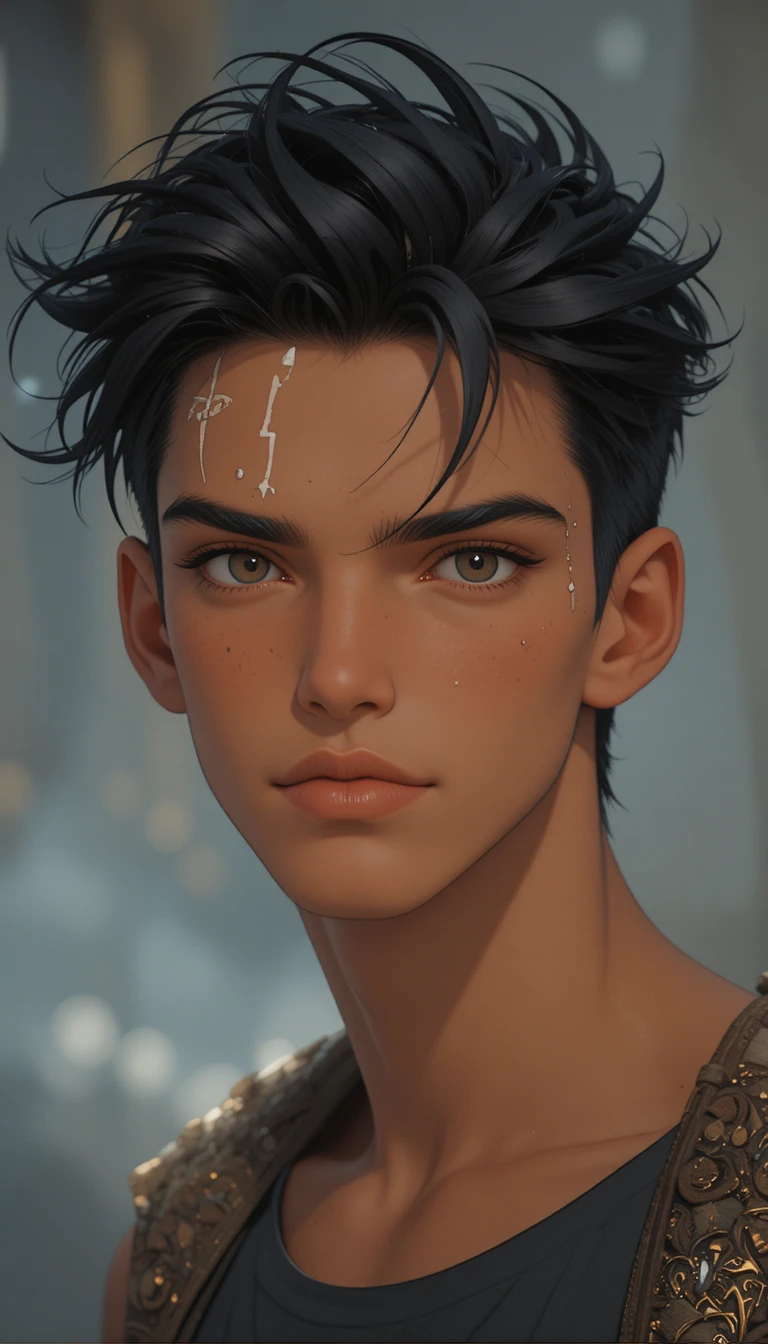 Cunning young anime man with dark hair and gray eyes