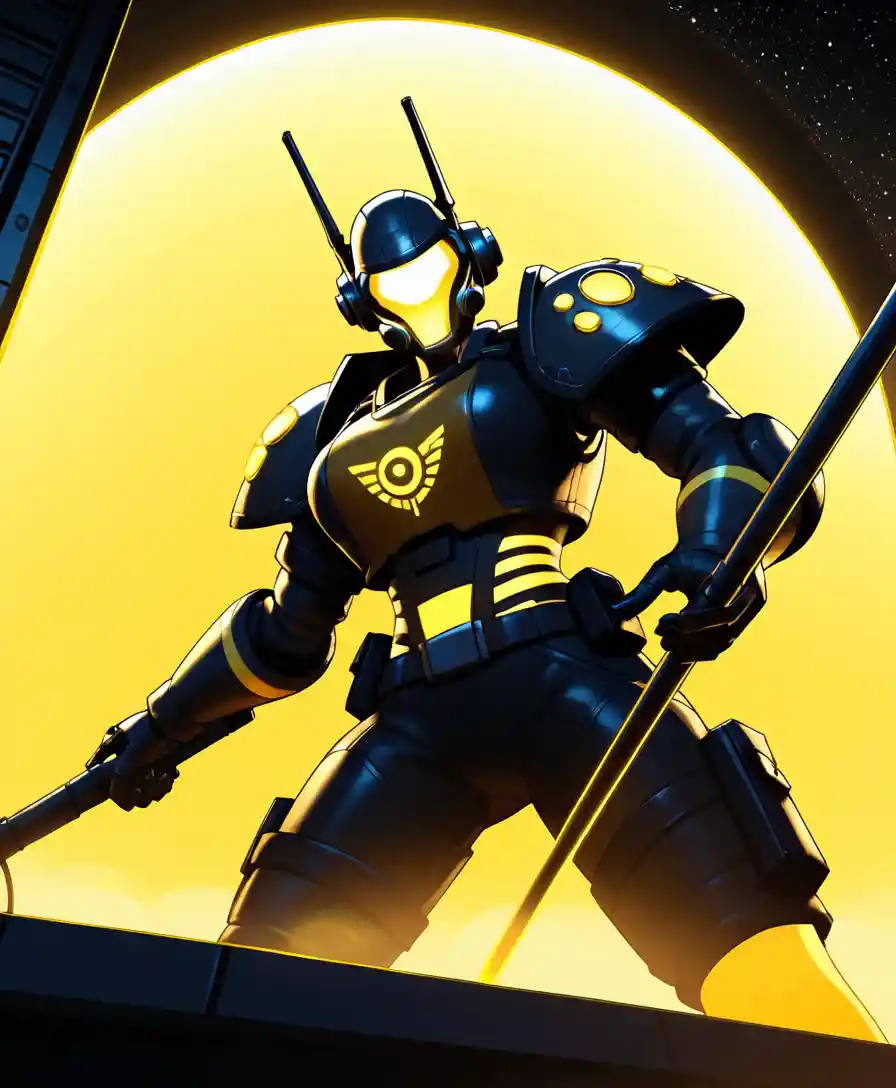 Sci fi warrior in black armor with neon scattergun