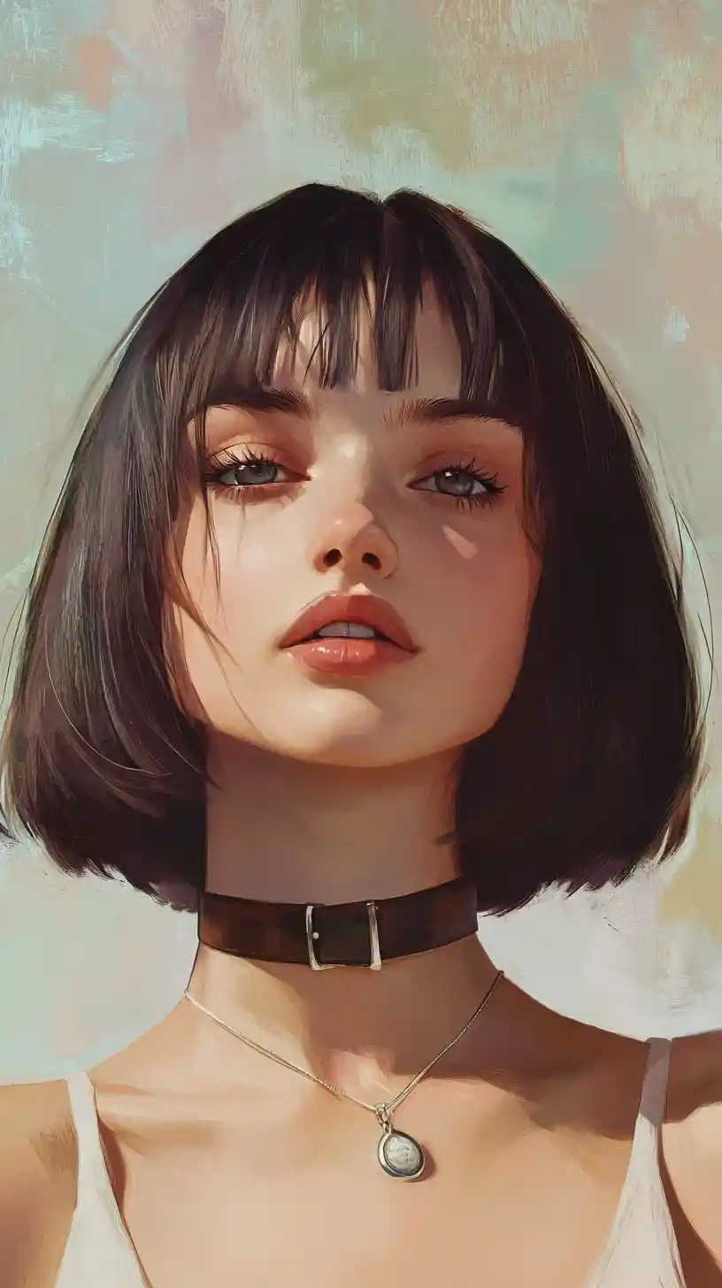Anime girl portrait with choker and intense gray violet eyes