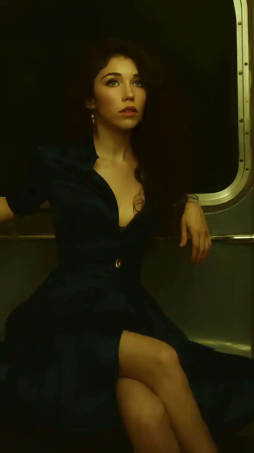 Woman on morning bus with phone in cinematic sunlight