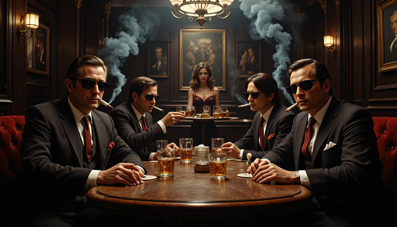 Mafia bosses smoking cigars in a dark velvet bar