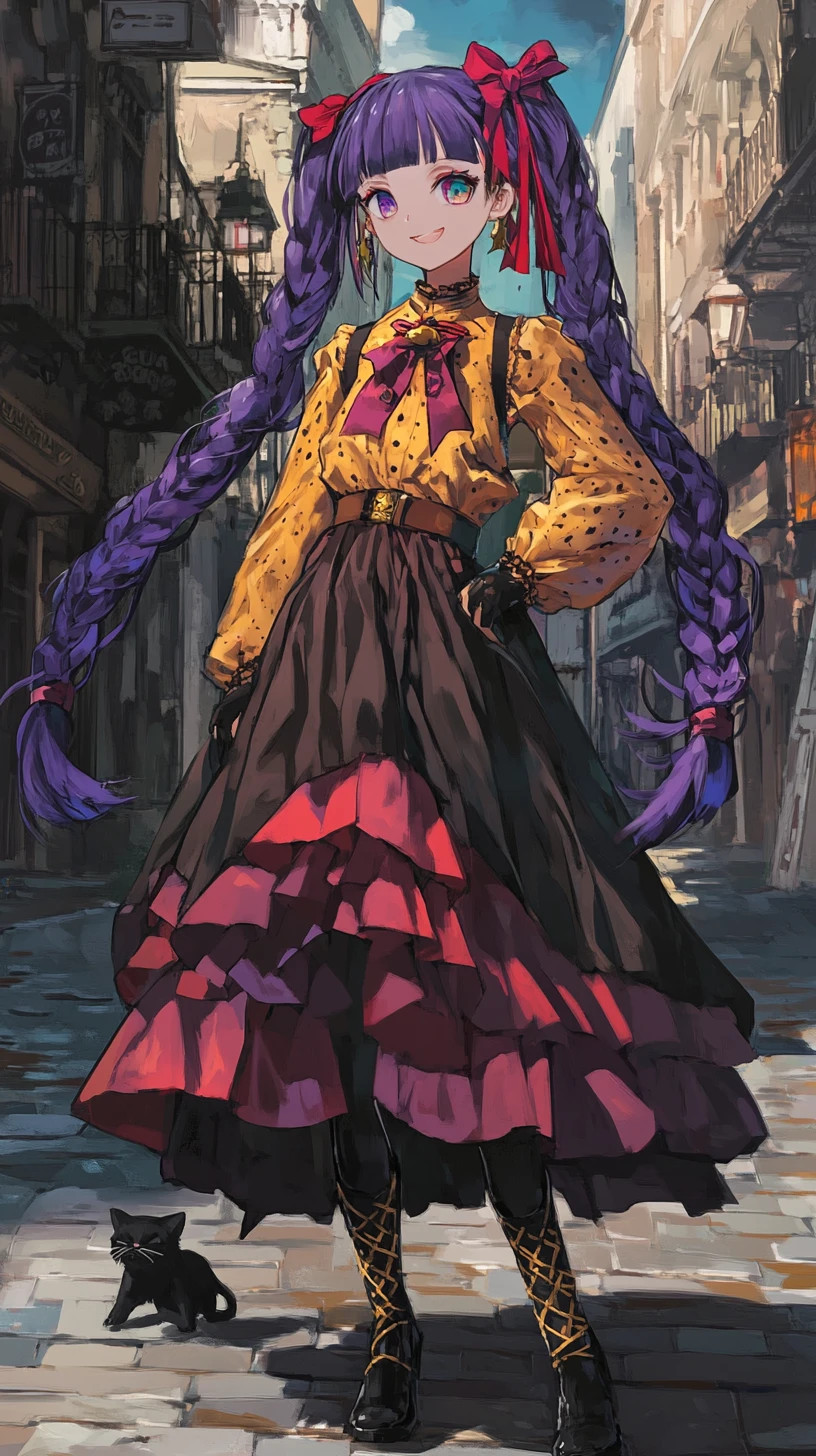 Purple haired anime girl walking with a black cat