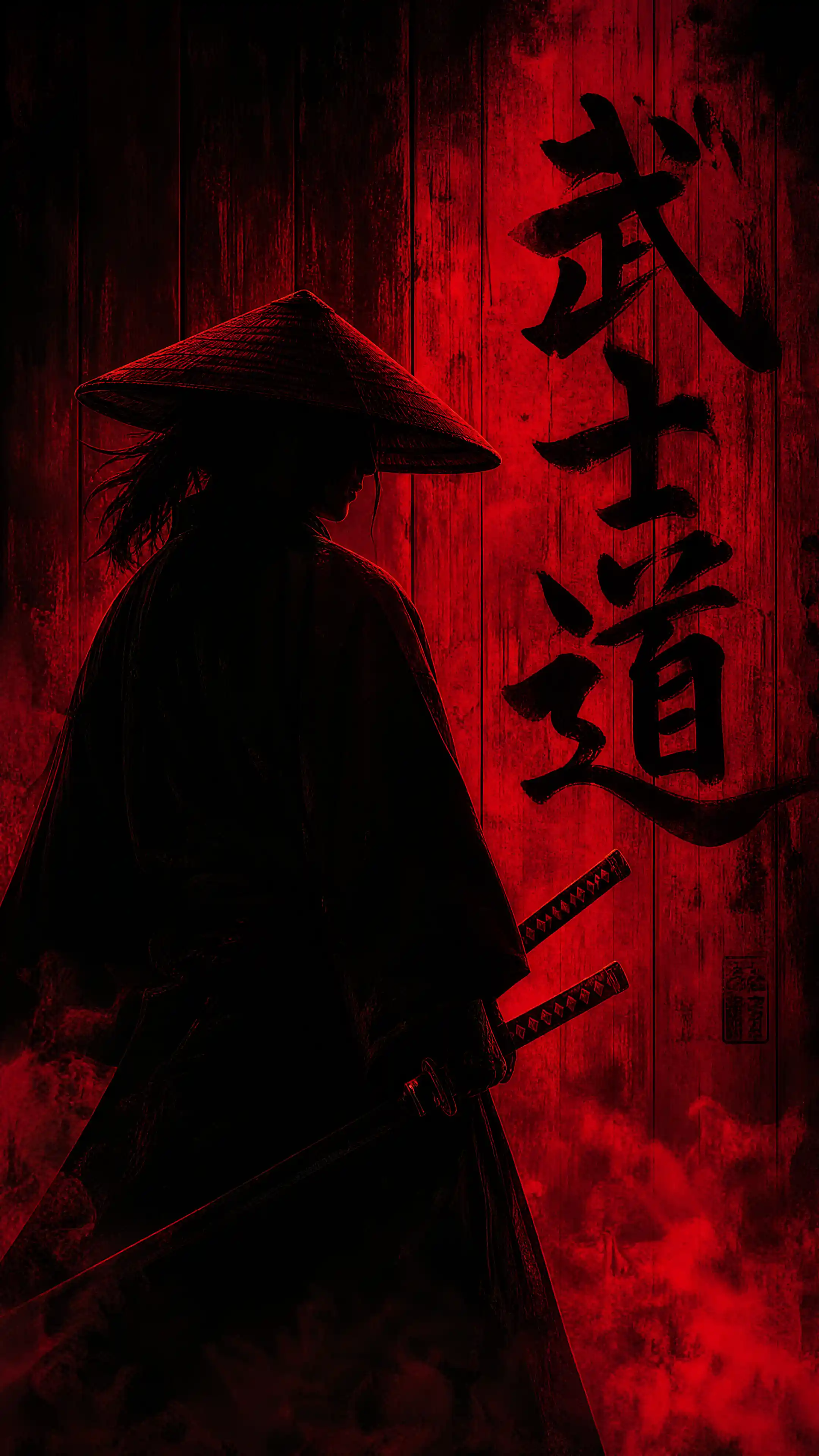 Silhouetted samurai in red light before kanji marked wall