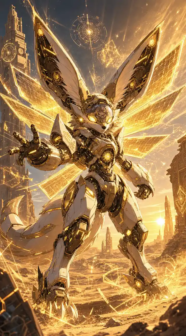 Heroic fox mecha with solar wings in desert ruins