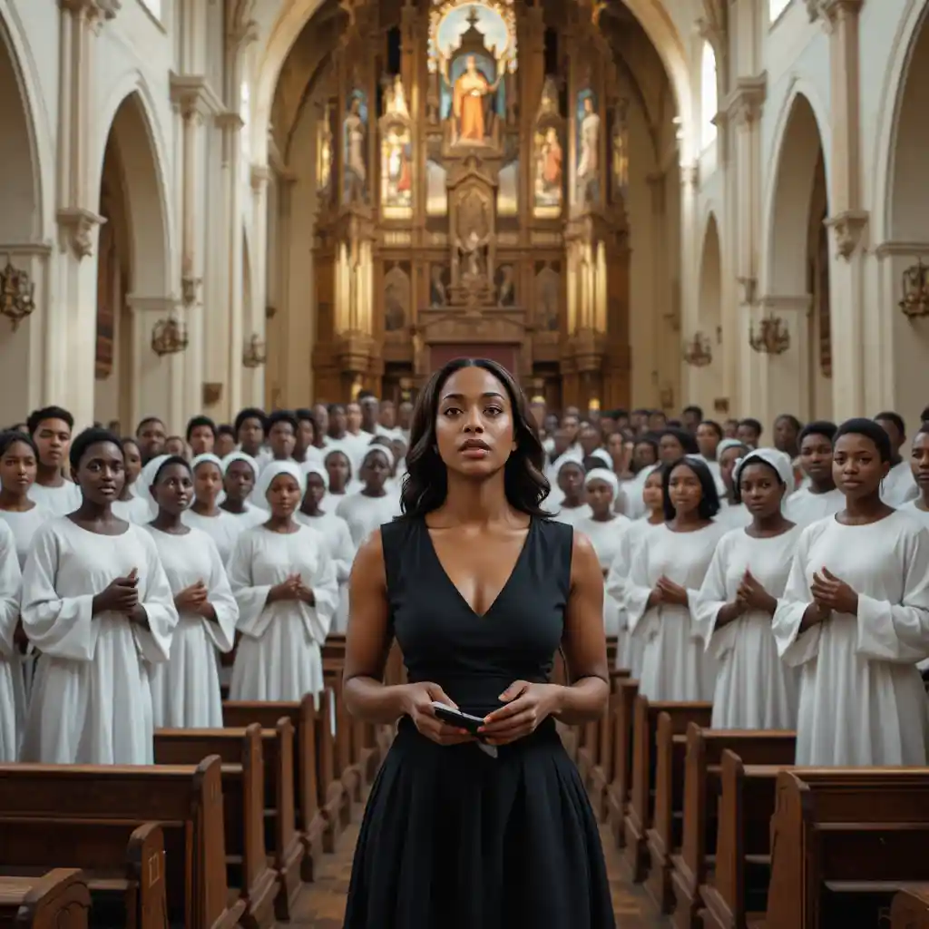 Female soloist leading mixed choir in church interior