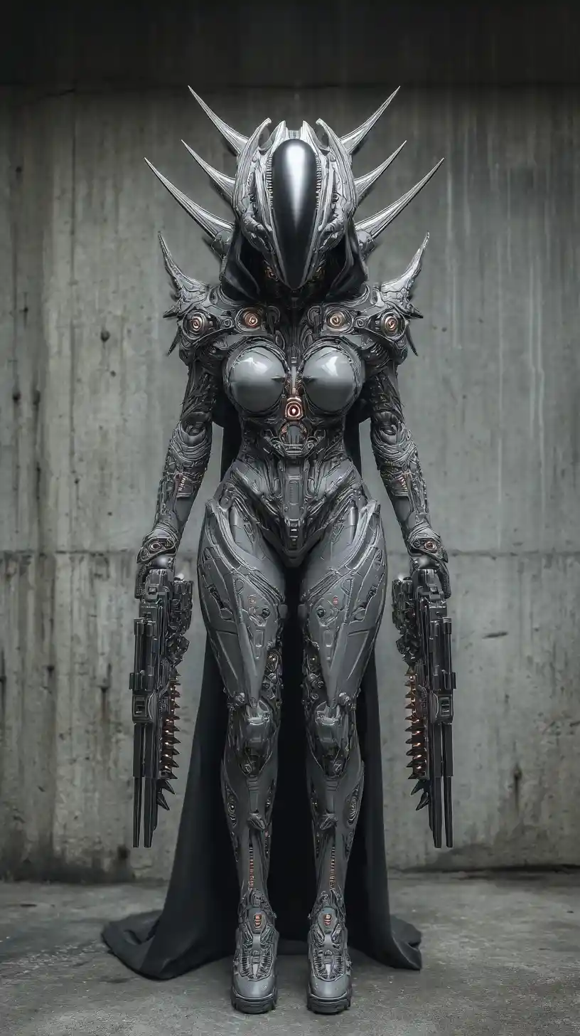 Dark armored alien woman in industrial sci fi interior