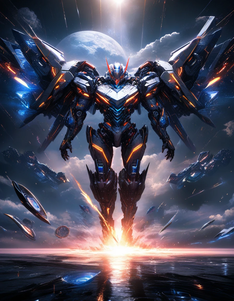 Colossal war mecha looming over a neon futuristic city