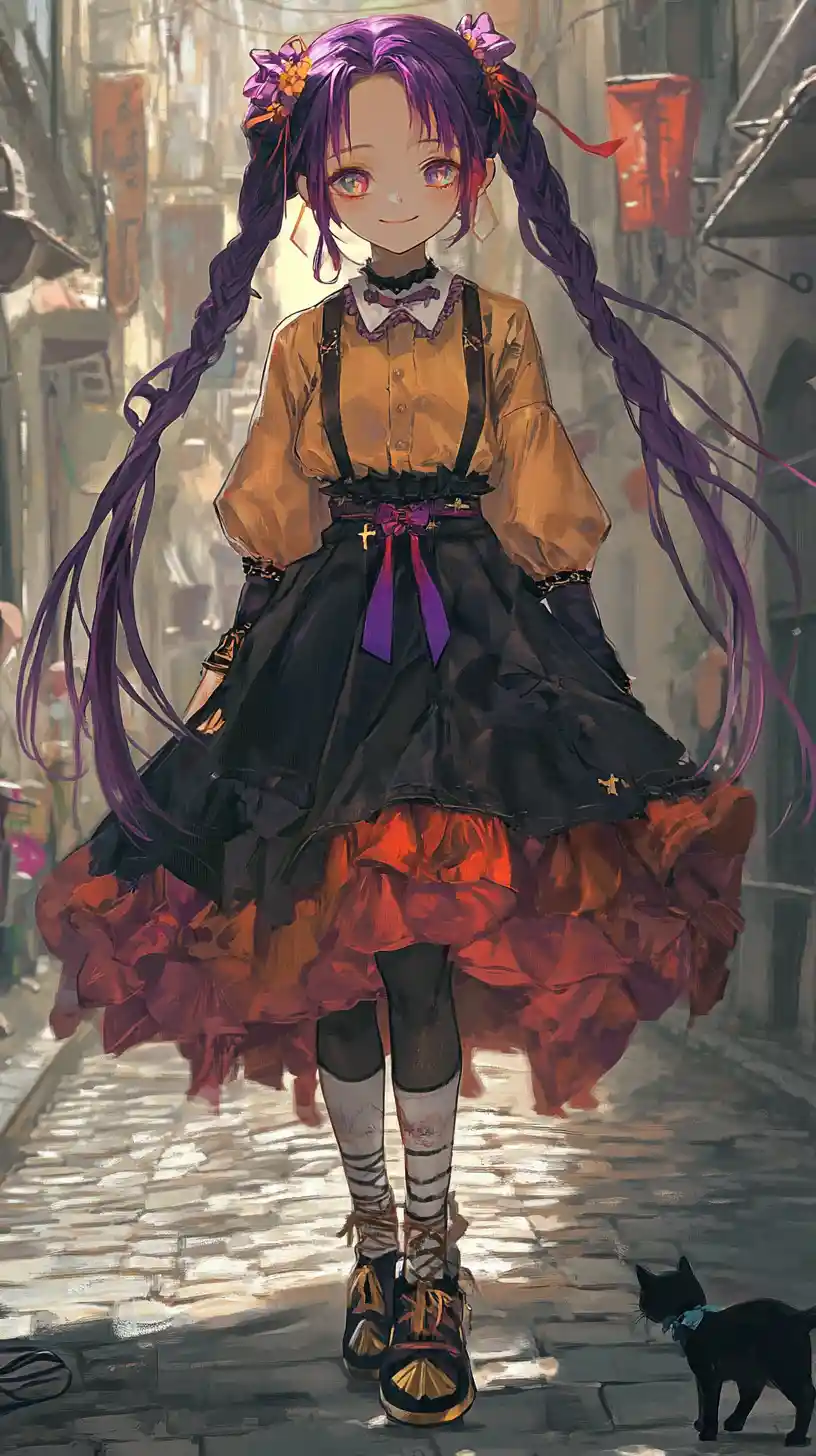 Anime girl with purple braid walking in city street