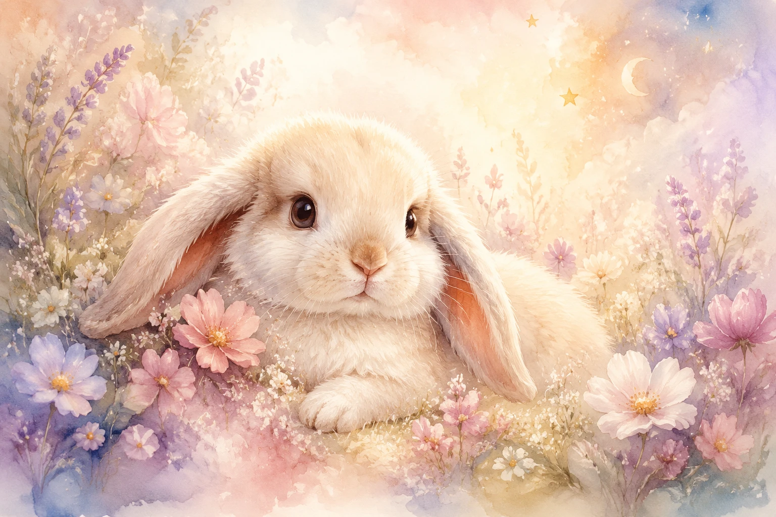 Cute lop eared baby rabbit in pastel wildflowers