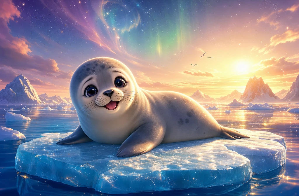 Joyful baby seal resting on a sunny ice floe
