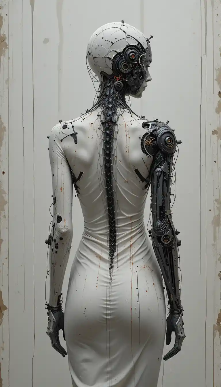 Futuristic cyborg woman in white dress seen from behind
