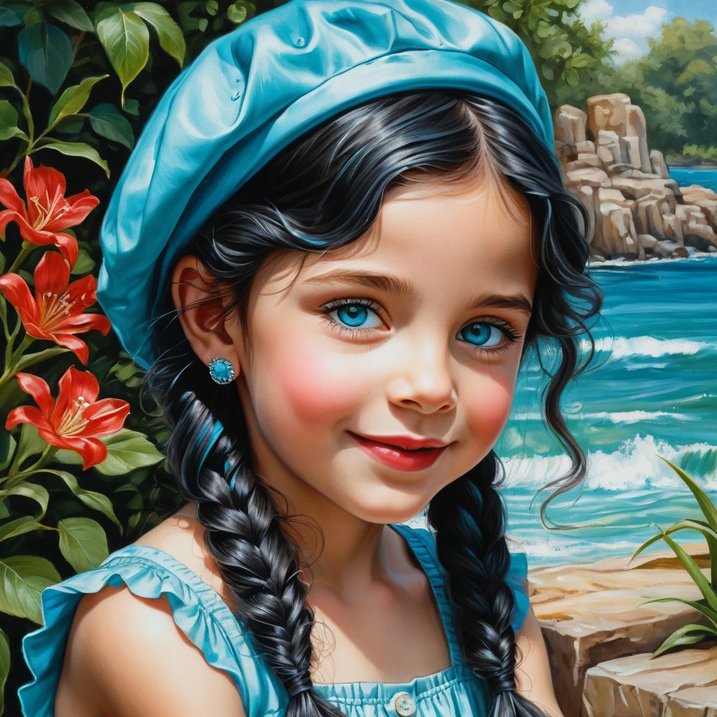 Crouching girl in aqua summer dress with blue beret