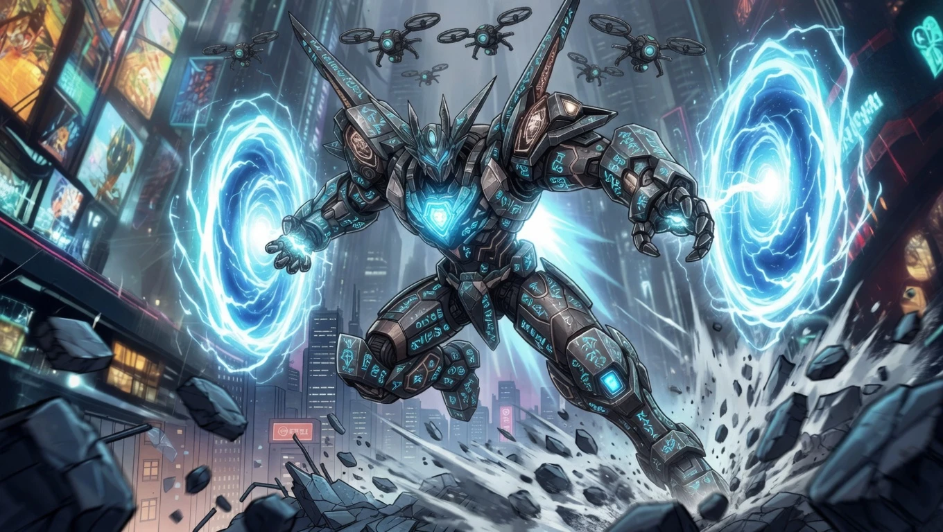 Titan mecha summoning plasma portals in cyberpunk city street