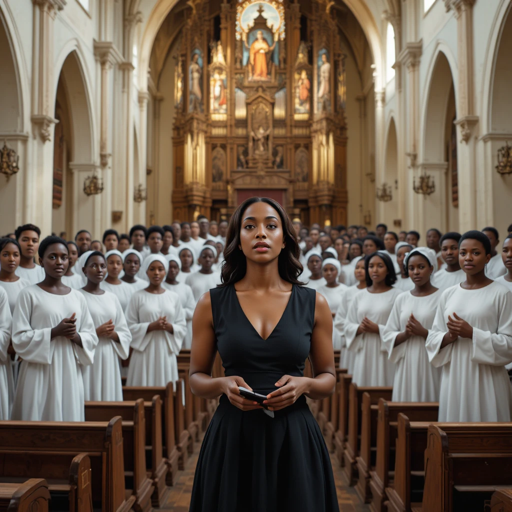 Female soloist leading mixed choir in church interior