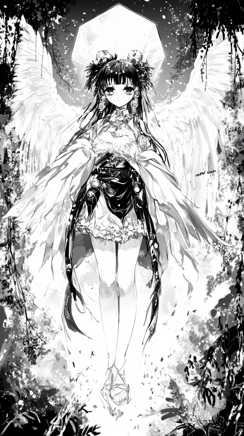 Manga girl swinging a sword under a glowing crystal