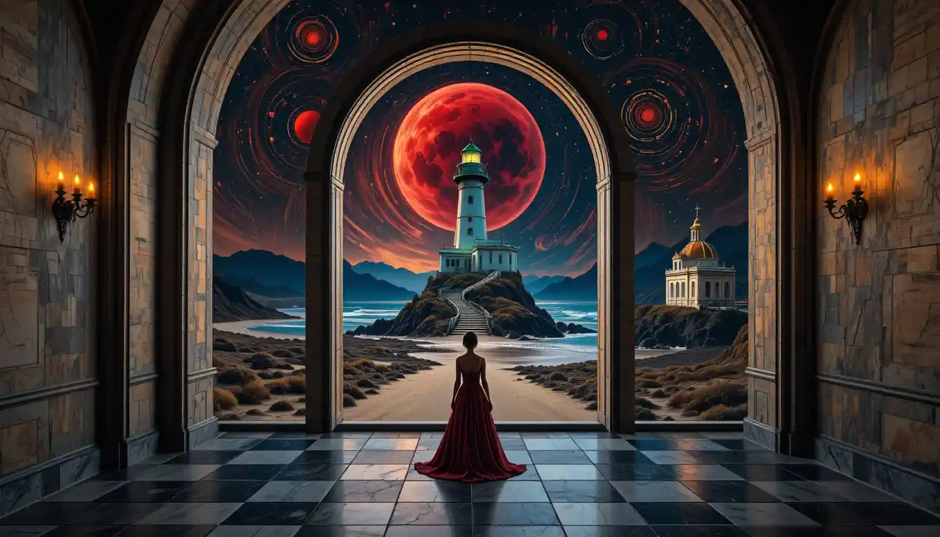 Young woman in surreal corridor of memories and emotions