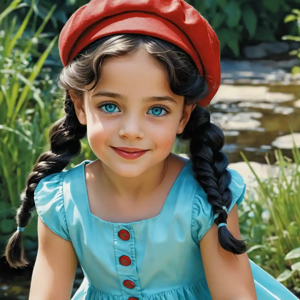 Smiling girl in aqua dress with long curly dark hair