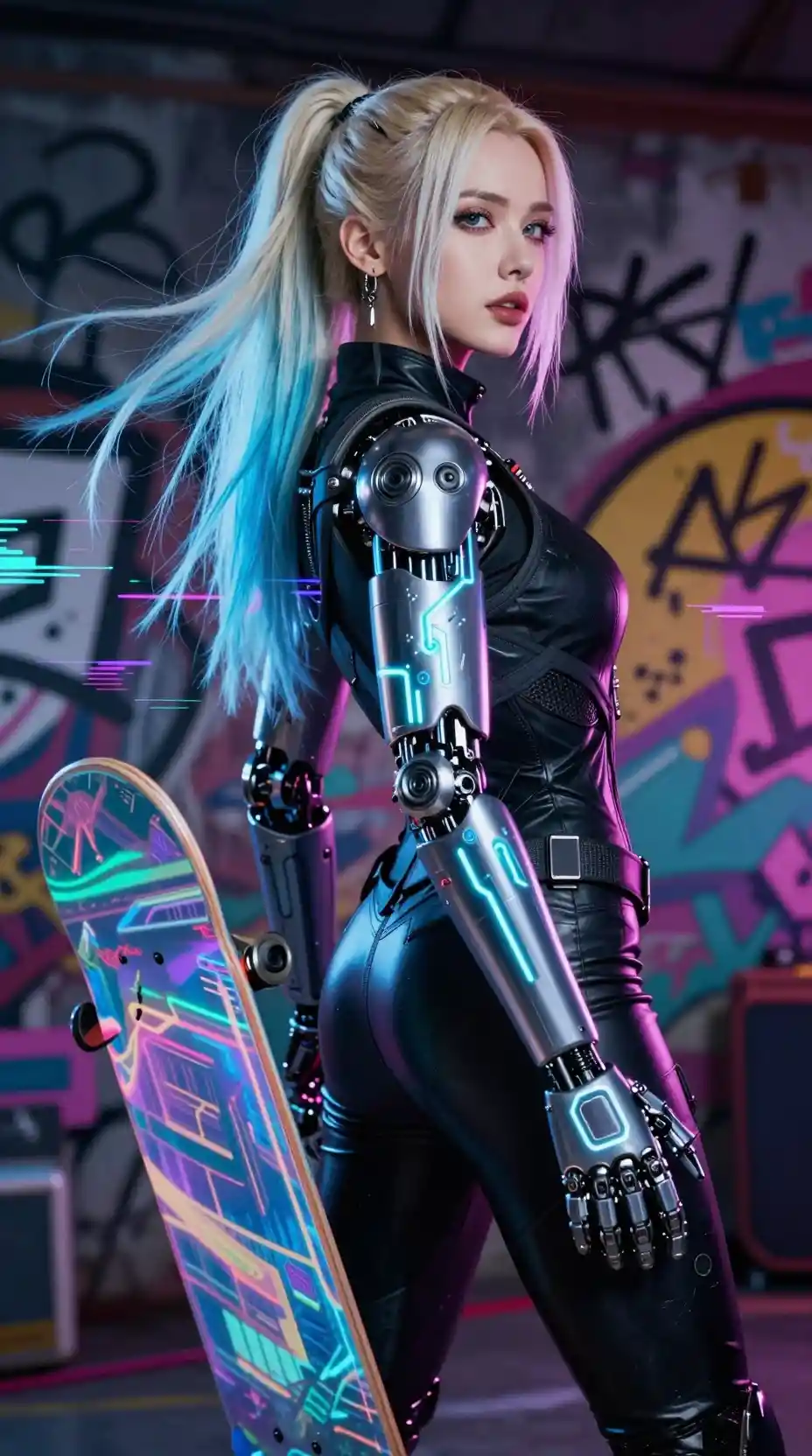 Cyberpunk woman with prosthetic arm and holographic skateboard
