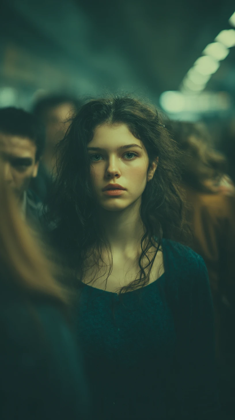 Young woman in teal dress in blurred subway crowd
