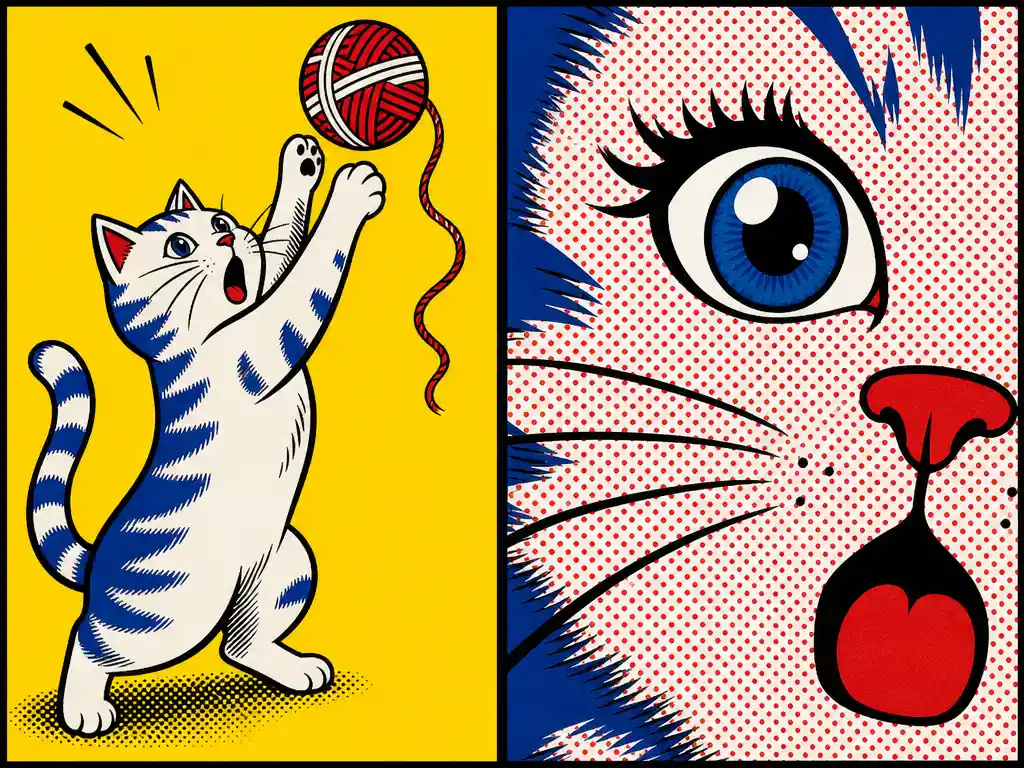 White cartoon cat reaching for red yarn on yellow background