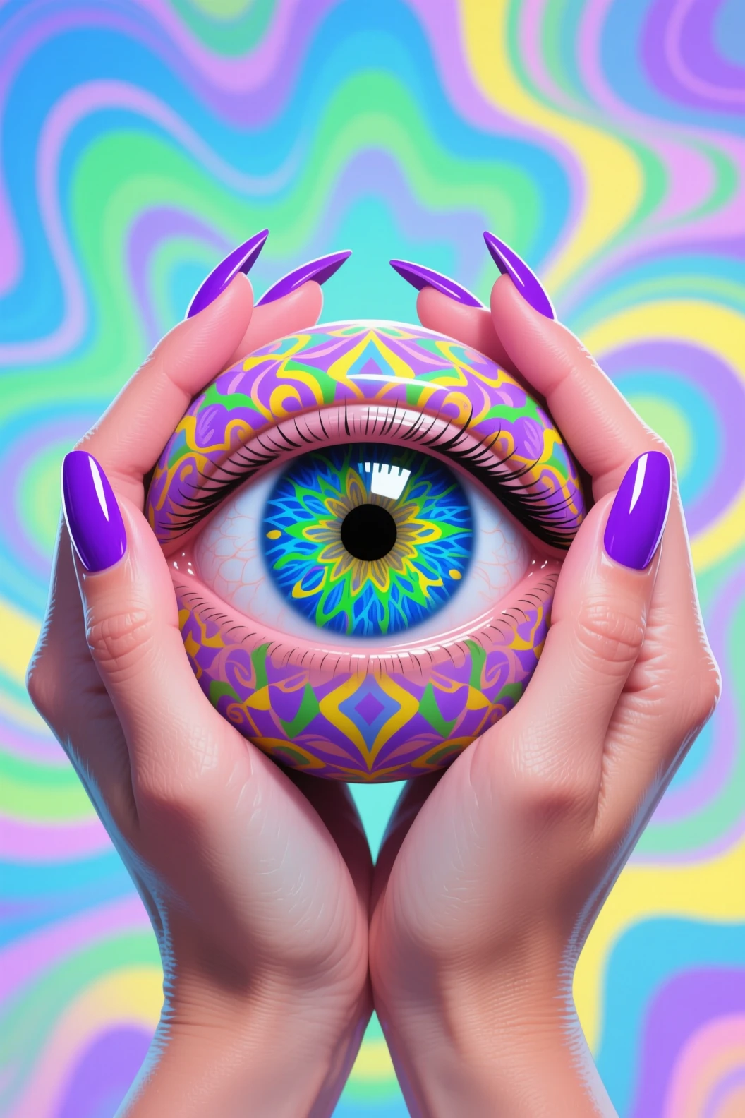 Surreal close up of manicured hands holding a vivid eye
