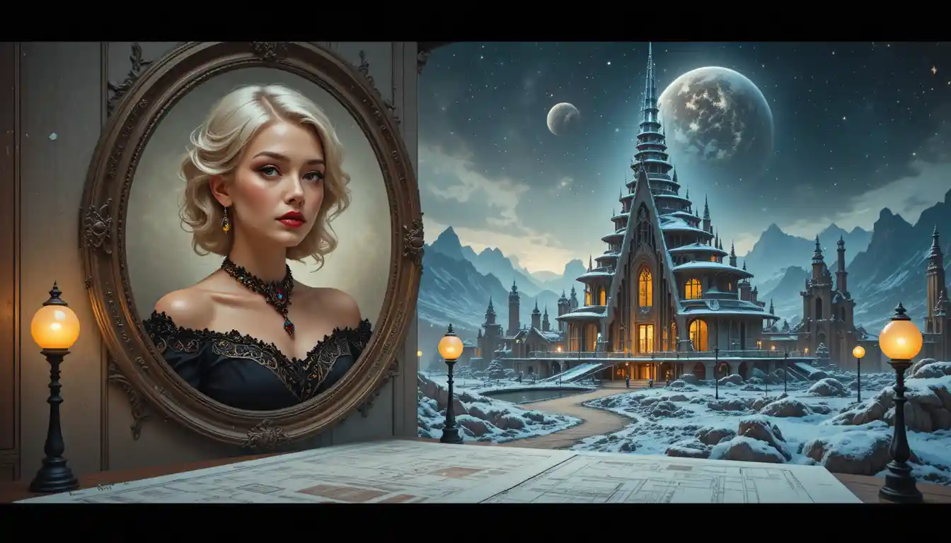 Glamorous woman portrait in ornate oval with festive elegance