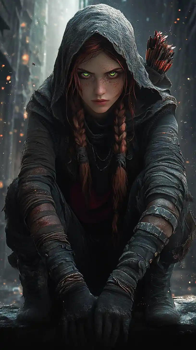 Hooded warrior woman crouching in ruined urban cityscape