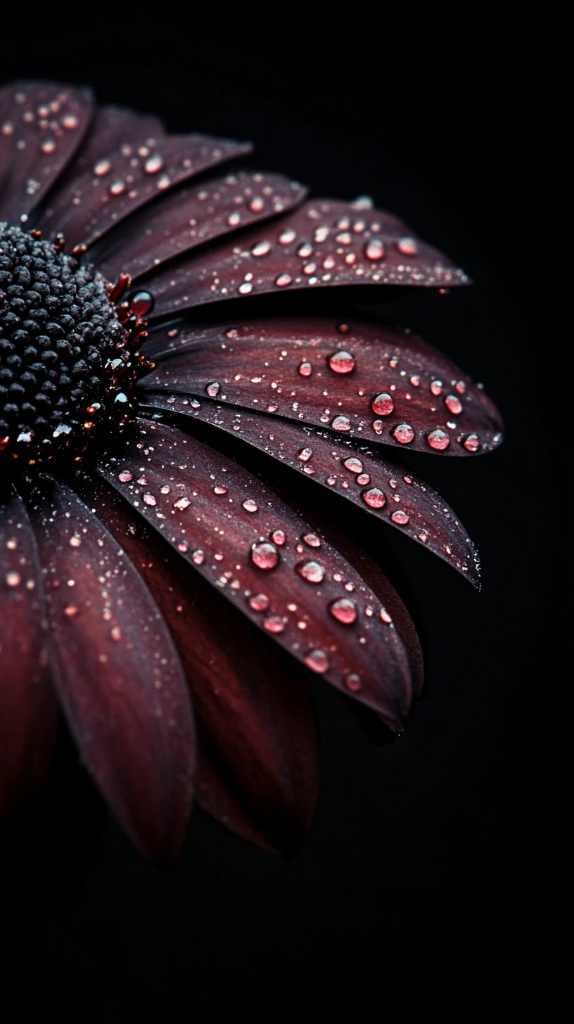 Close up dark daisy petal with dewdrops on black background