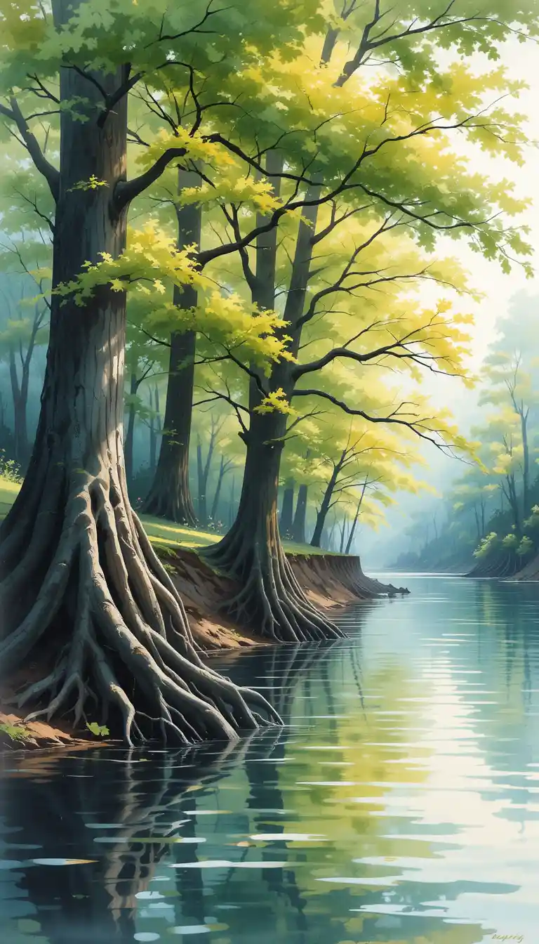 Watercolor trees along a calm reflective riverside