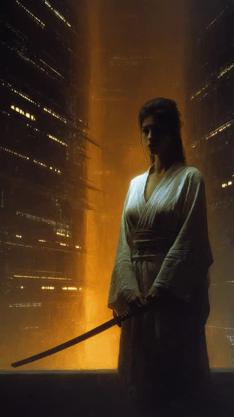 Warrior woman posing with a Japanese sword in dramatic light