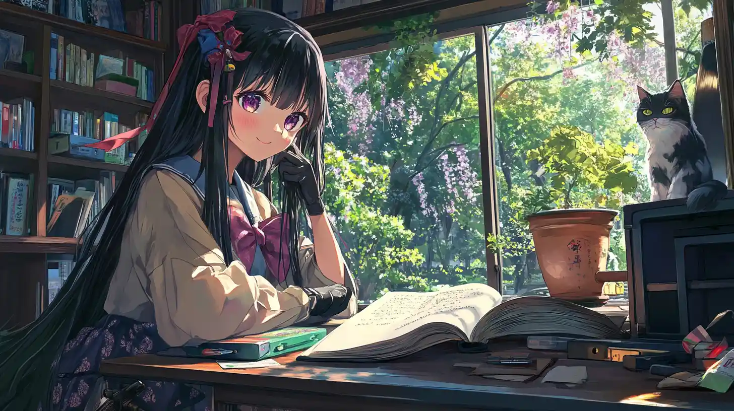 Anime girl reading in a cozy study room